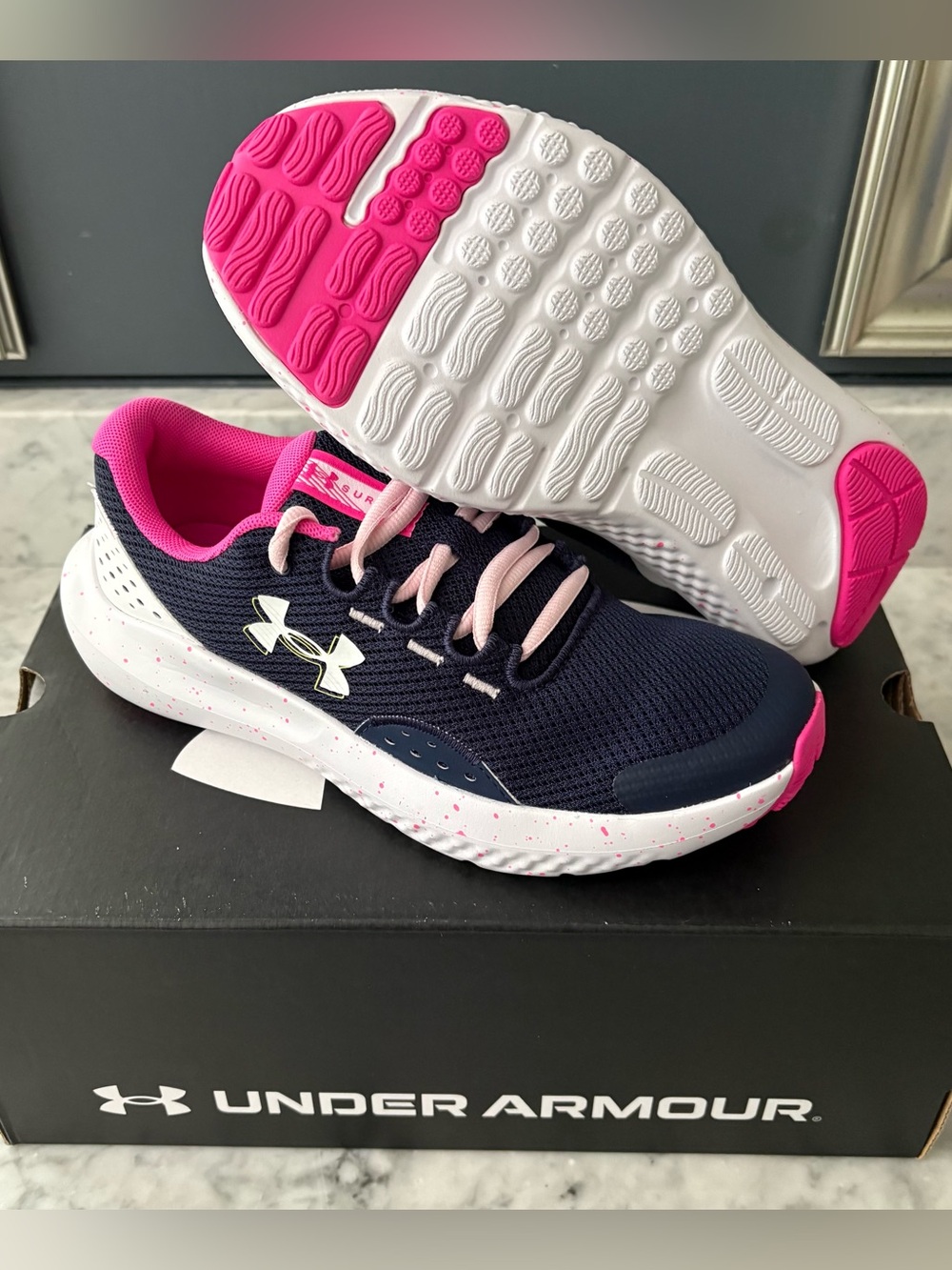 Under Armour CGS Surge 4 Big Kids' Running Shoes Pink Navy Girl Youth 5 Lace Up